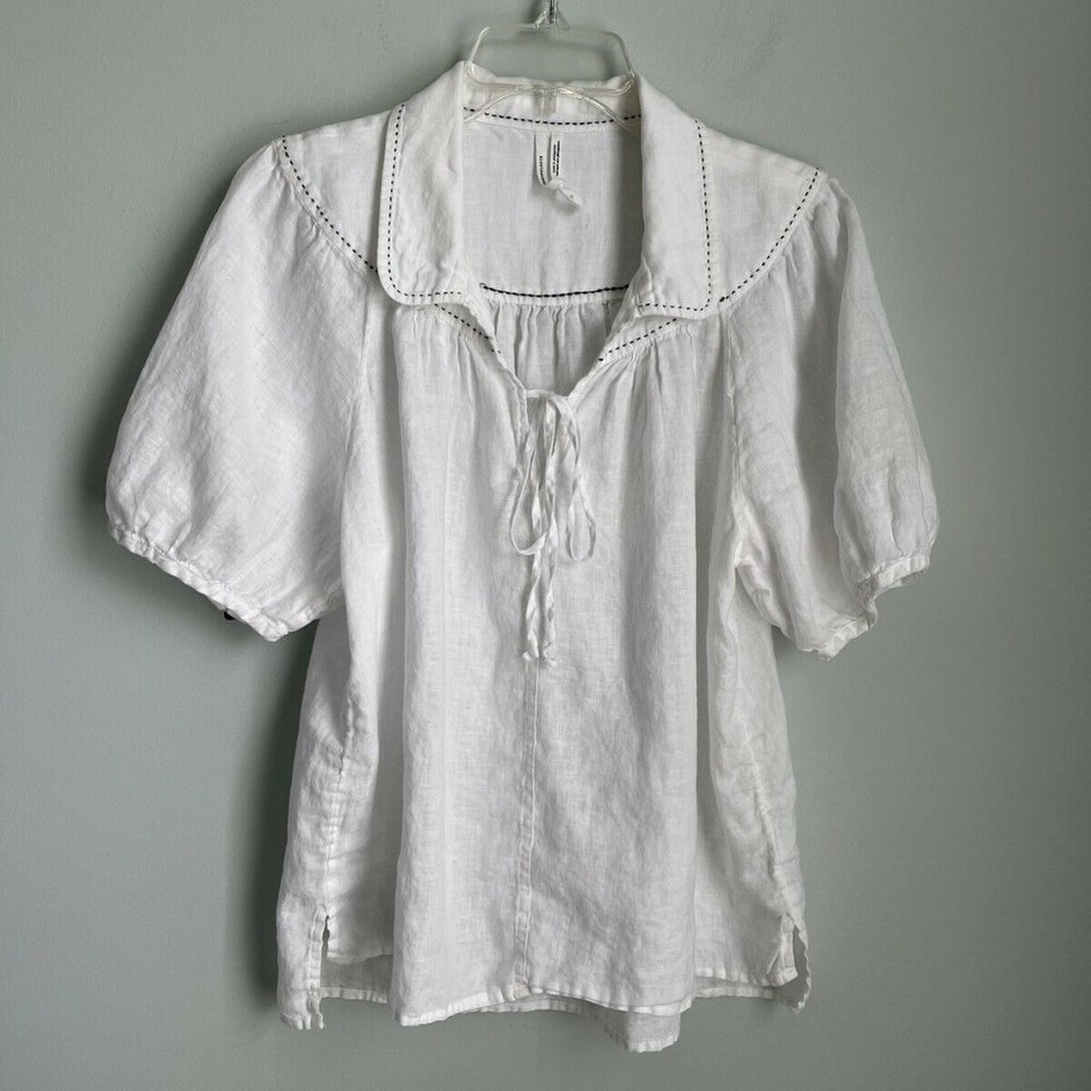 by Anthropologie White 100% Linen Short Sleeve Tie
